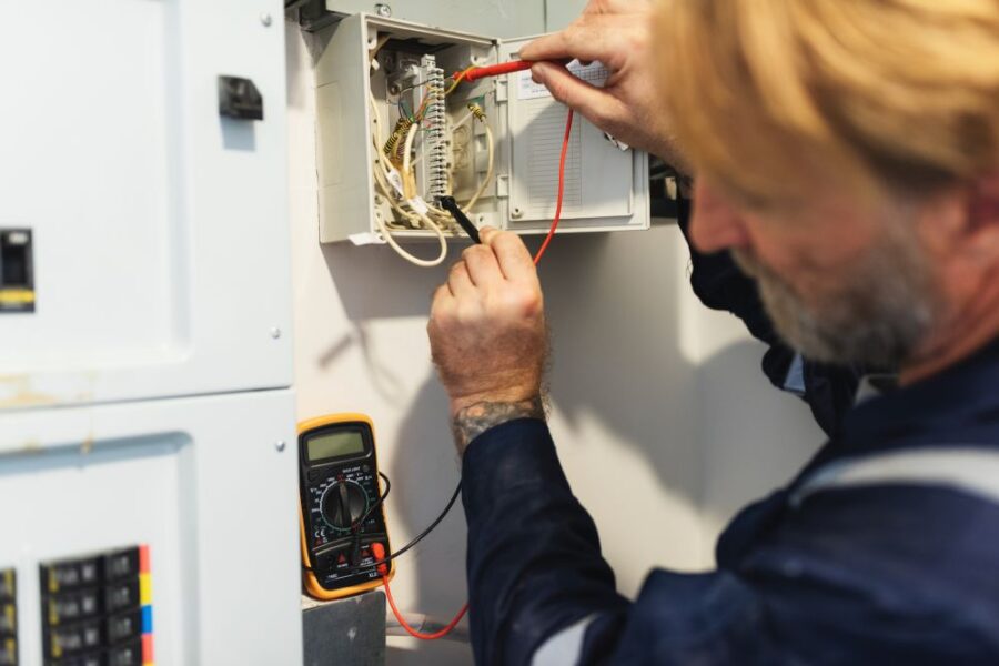 A person uses a multimeter for electrical testing on wires inside an open control panel mounted on a wall.