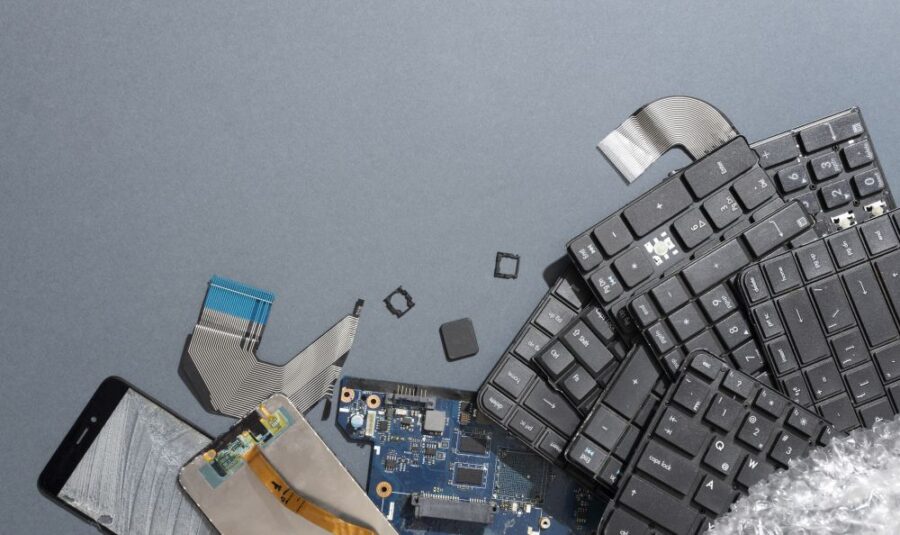 Broken electronic components—including a cracked screen, circuit board, loose keyboard keys, and computer chips—are scattered on a gray surface, highlighting the growing need for proper ewaste recycling.