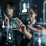 People interact with virtual profile icons and digital images on a transparent touchscreen interface, highlighting a modern tech recruitment Singapore experience in digital networking.