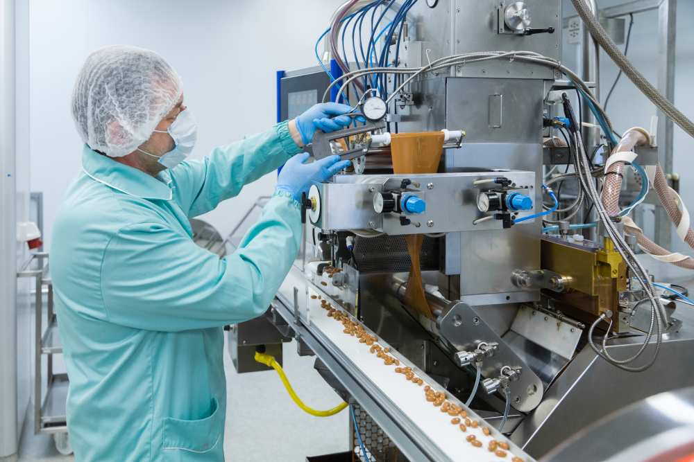 A worker in protective gear adjusts a machine on a production line processing food items, with brown material and nuts visible on the conveyor belt.